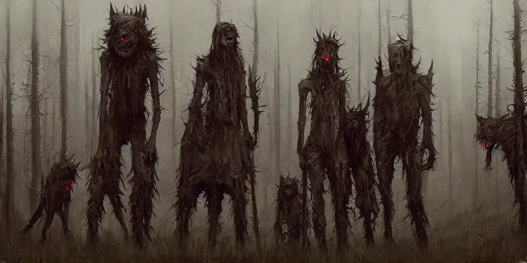 Prompt: skin walkers, horror movie, monster, scary in the style of jakub rozalski