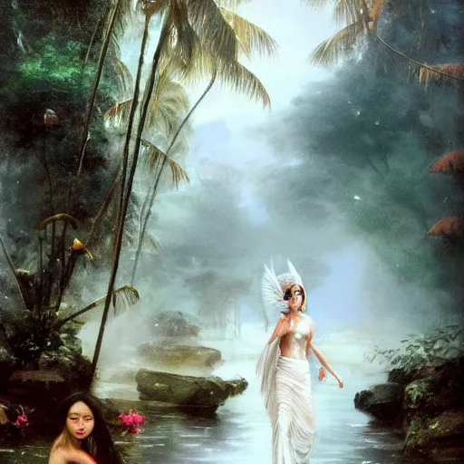 Image similar to monsoon on tropical island, oriental goddess in white, elegant, frontal, ornate, beautiful, atmosphere, vibe, mist, coconuts, rain, wet, pristine, puddles, melting, dripping, snow, creek, lush, ice, bridge, forest, roses, flowers, by stanley artgerm lau, greg rutkowski, francisco de goya