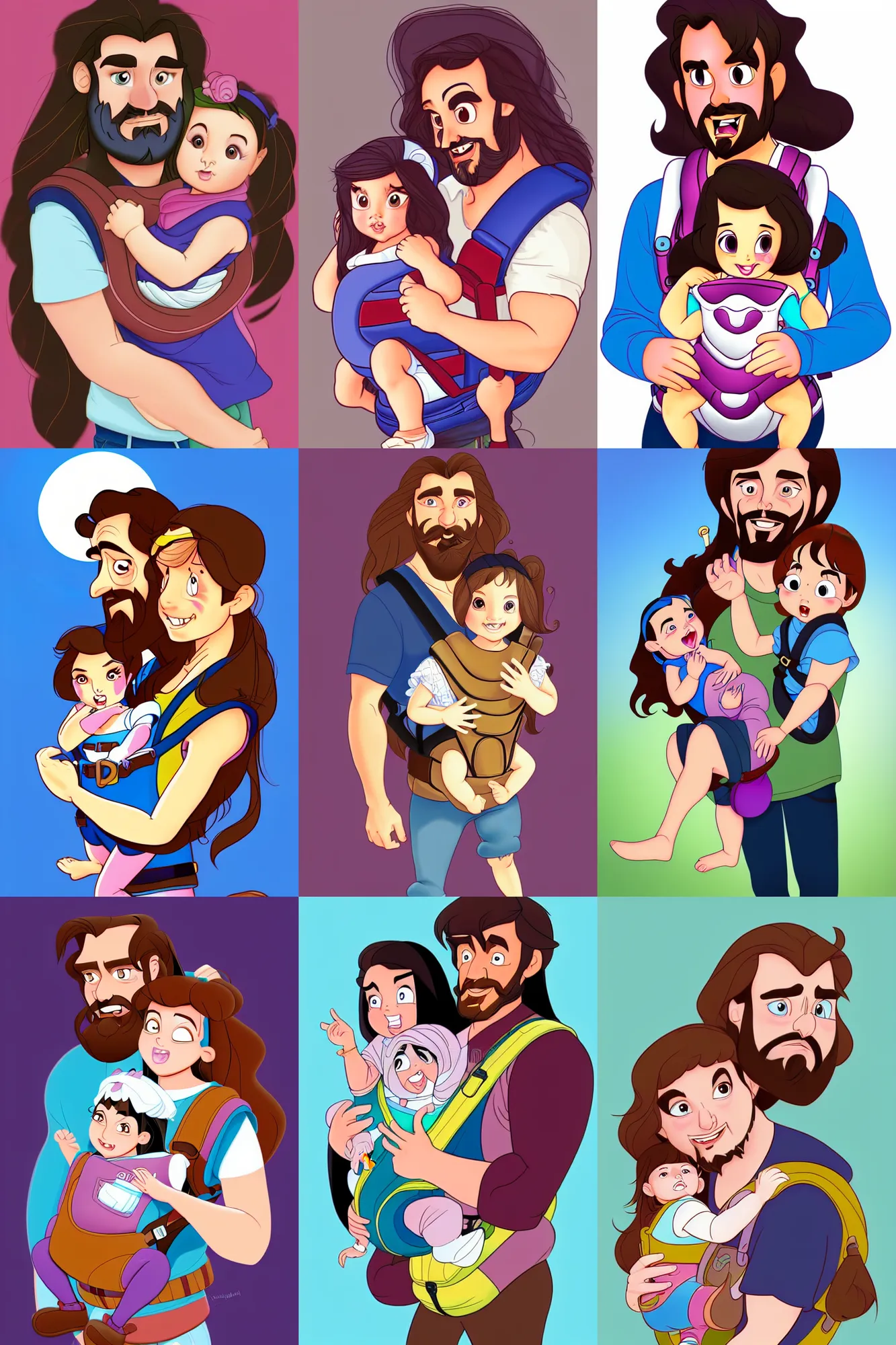 Image similar to a long - haired bearded father and his cartoonish brunette child toddler girl in a baby carrier full color digital illustration in the style of don bluth, artgerm, artstation trending, 4 k