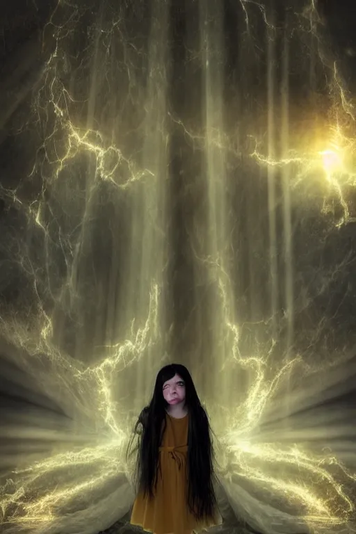 Prompt: a very young girl with long black hair and chequered!! robe!! is watching a storm inside a symmetrical fantasy crystal. atmospheric, eyes are shining, 4 k, highly detailed. surrounded by golden rays of light