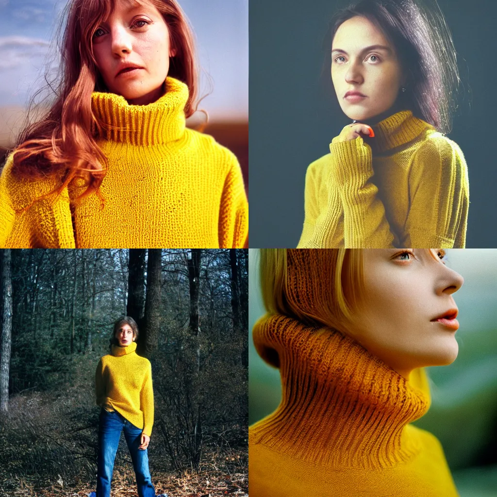 Prompt: A Hyper realistic and detailed portrait photography by Mark Mann of a woman wearing a yellow knitted turtleneck sweater. Long hair. Agfa Vista 400 film. Detailed. Depth of field. lens flare. moody. cinematic. warm light. realistic. expired film.