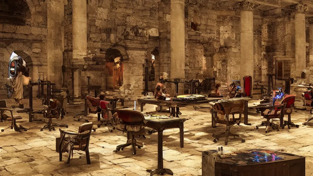 Prompt: Ancient roman LAN party, roman architecture, modern computers PC RGB gamer lights and gamer chairs