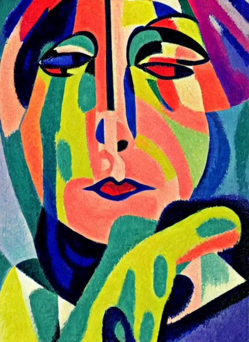 Prompt: an extreme close - up abstract portrait of a lady enshrouded in an impressionist representation of mother nature and the meaning of life by sonia delaunay and billy childish, abstract colorful lake garden at night, thick visible brush strokes, figure painting by anthony cudahy and rae klein, vintage postcard illustration, minimalist cover art by mitchell hooks