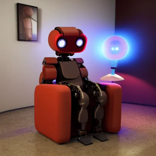 Image similar to futuristic lonely matte brown and red full-body humanoid robot with two huge round expressive sad purple glowing LED eyes and open rectangular mouth sitting on a large comfortable cushioned 1950s vintage recliner reading a newspaper. open newspaper. Cinematic Movie Photograph, Arri Alexa, Extremely Detailed, smooth, very very clean, 8K, octane render, maya render, unreal engine, trending on artstation, DSLR, excellent composition, center frame