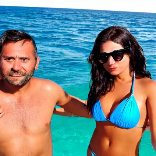 Image similar to photo of a 4 0 year old man that looks young for his age dating a very attractive legal 2 2 year old colombian woman wearing a bikini. they are swimming.