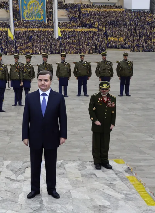 Image similar to the president of ukraine stands at the front in a photorealistic way