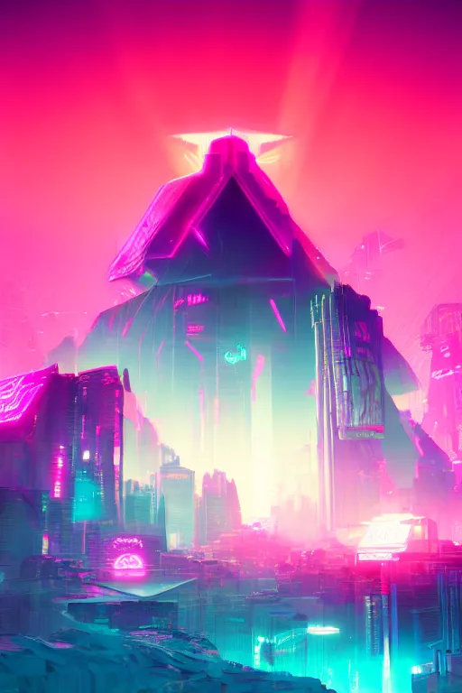 Image similar to cyberpunk syntwave mountains, pink neon lights, futuristic, cgsociety, in the style of artstation