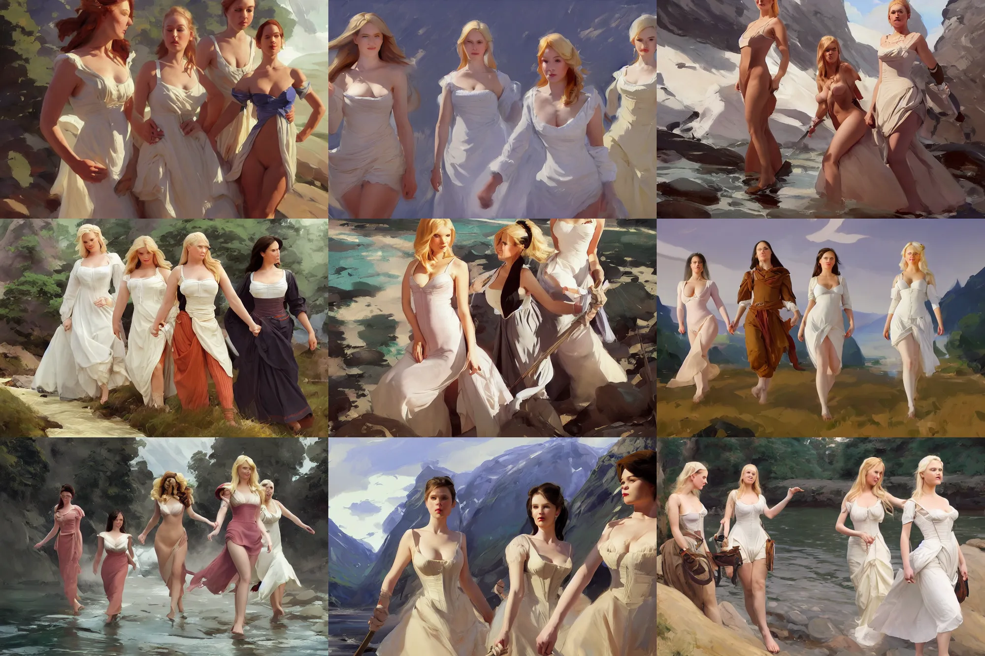 Prompt: three of finnish norwegian swedish scandinavian attractive glamour models wearing 1 7 th century bodice with low neckline walking across a river between mountains in a sunny day, jodhpurs greg manchess painting by sargent and leyendecker, studio ghibli fantasy medium shot asymmetrical intricate elegant matte painting illustration hearthstone, by greg rutkowski by greg tocchini by james gilleard