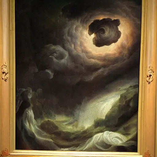 Image similar to michaelangelo painting of a tornado in the sea