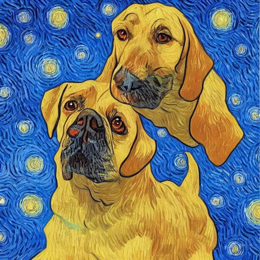 Image similar to An oil painting of a dog in the style of Starry Night; oil painting by Vincent van Gogh