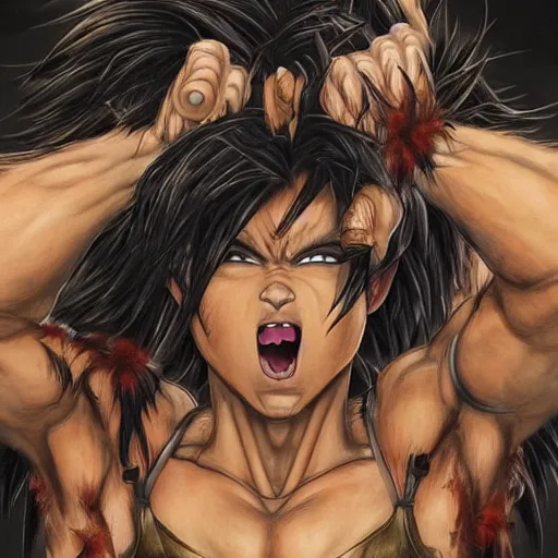 Image similar to fistfight, warrior girl, muscular girl, wild spiky black saiyan hair, long spiky hair, electrified hair, fistfighting demons, goblins, ultra realistic, intricate details, highly detailed, subsurface scattering, photorealistic, octane render, 8 k, art by artgerm, greg rutkowski, magali villeneuve, alphonse mucha