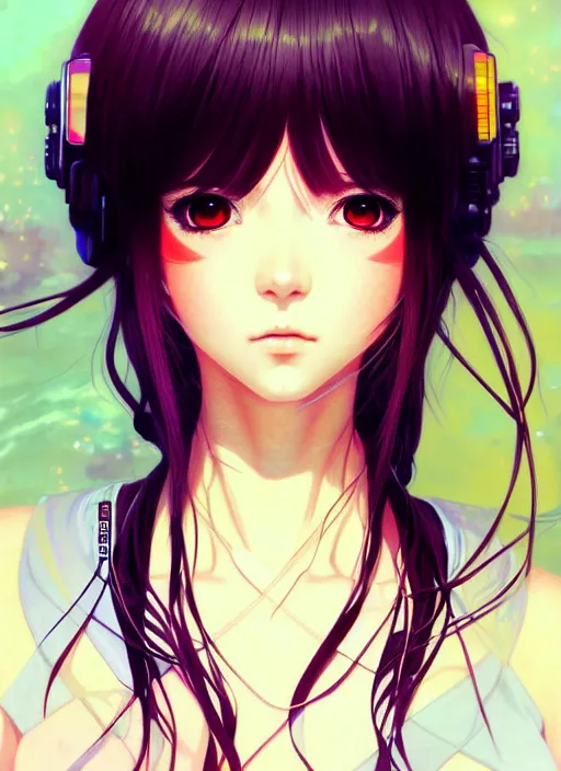 Image similar to portrait of beautiful young anime girl, cute-fine-face, pretty face, realistic shaded Perfect face, fine details. Anime, cyberpunk, highly detailed, artstation, illustration, art by Ilya Kuvshinov and Gustav Klimt and final fantasy