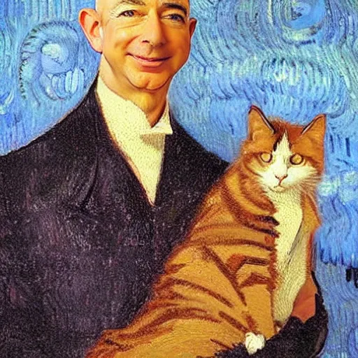 Prompt: a beautiful oil painting of jeff bezos holding a cat, 8k , award winning , made in 1800's , old , painted by vincent van gogh