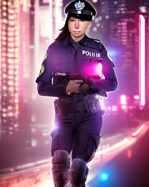 Image similar to young female police officer, neon, cyberpunk, futuristic clothing