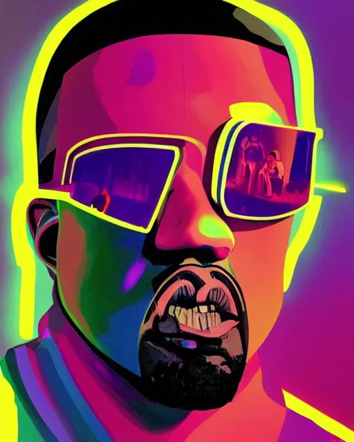 Prompt: kanye west as future coder man looking on, sleek cyclops display over eyes and sleek bright headphoneset, neon accent lights, holographic colors, desaturated headshot portrait digital painting by dean cornwall, rhads, john berkey, tom whalen, alex grey, alphonse mucha, donoto giancola, astronaut cyberpunk electric