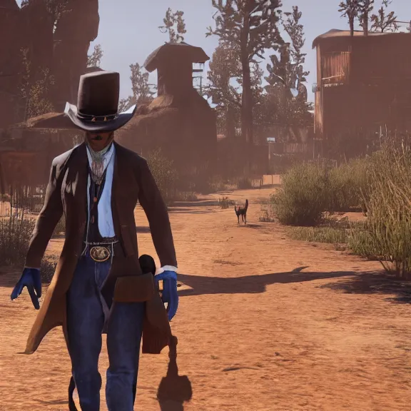 Image similar to screenshot of an anthropomorphic blue fennec fox in cowboy attire from red dead redemption 1