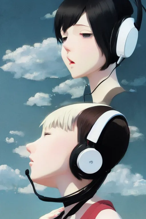 Prompt: a cute young woman listening to music with her eyes closed and wearing headphones in the style of Ilya Kuvshinov and Range Murata, white bob cut hair, freckles, dark thunderclouds in the backround, poster, oil on canvas by Krenz Cushart, 8k