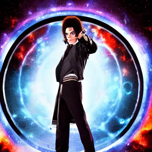 Image similar to a full body photograph of michael jackson as'doctor who ', time vortex in the background, detailed face, symmetrical face, extreme realism and detail, 8 k, completely framed, direct lighting, 3 5 mm photo, photorealistic, sharp focus