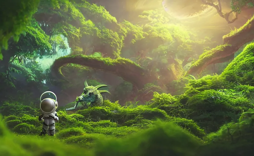 Image similar to a still of a cute adorable tiny astronaut, on a planet of lush foliage, with an enormous kaiju dragon surrounding, magical forest, sharp focus, neon backlit, highly detailed, disney pixar studio ghibli makoto shinkai, digital painting, matte, octane render, global illumination, iridescent, anime, 8 k concept art