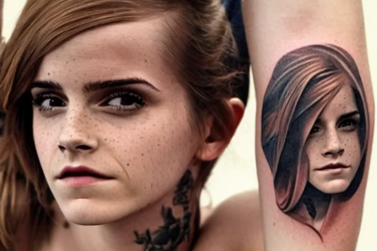 Image similar to emma watson, dope tattoo, hyperrealistic
