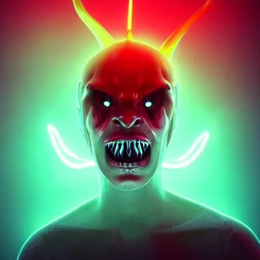 Image similar to synthwave demonic alien face with neon horns, detailed face, sharp focus, synthwave art, aesthetic, octane render, raw, cinematic