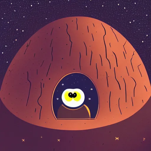 Image similar to mechanical owl inside a hole in a tree, red eyes glowing, night sky with full of stars, in the middle of forest, illustration, 2 d style, hand drawn, realistic style, futuristic, cinematic lighting, high key lighting, high contrast, golden ratio