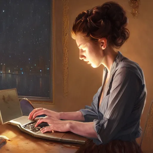 Image similar to a full shot of nice girl working on her laptop at night, detailed, centered, digital painting, artstation, concept art, donato giancola, Joseph Christian Leyendecker, WLOP, Boris Vallejo, Breathtaking, 8k resolution, extremely detailed, beautiful, establishing shot, artistic, hyperrealistic, beautiful face, octane render