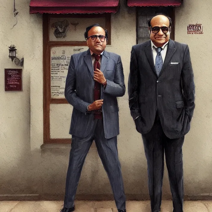 Image similar to a tall indian man in a suit and danny devito outside a bar, elegant, real life skin, intricate artwork, high detailed, artstation, concept art, smooth, sharp focus, art by artgerm and greg rutkowski