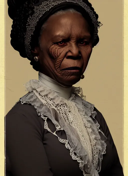 Image similar to a portrait of an old black woman with a crooked nose in victorian clothing, confident pose, intricate, elegant, sharp focus, illustration, highly detailed, concept art, matte, trending on artstation, anime, art by james jean and artgerm and brian despain and alberto mielgo, greg rutkowski, wlop, ilya kuvshinov, strong strokes