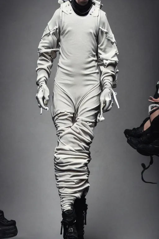 Image similar to avant garde techwear look and clothes, we can see them from feet to head, highly detailed and intricate, hypermaximalist, pastel colors, futuristic, luxury, Rick Owens, Errolson Hugh, Yohji Yamamoto, Y3, ACRNYM, cinematic outfit photo