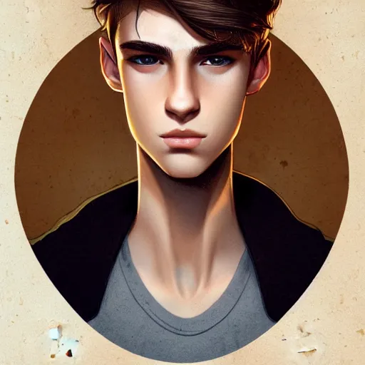Image similar to teenage boy with brown blond short quiff hair and thin slightly round facial structure with cleft chin and bumpy nose with good definition of cheekbones and Alert brown eyes, narrow face, slim body, atmospheric lighting, painted, intricate, 4k, highly detailed by Charlie Bowater