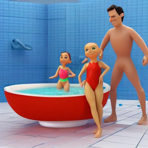 Image similar to 3 d render of a tiny woman wearing a swimsuit surfing in her bathtub as her giant husband watches in pixar style