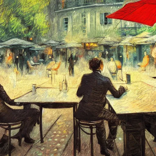 Prompt: klingon sitting at outdoor table at vintage paris cafe, digital painting, soft focus, greg rutkowski, toulouse - lautrec, john howe.