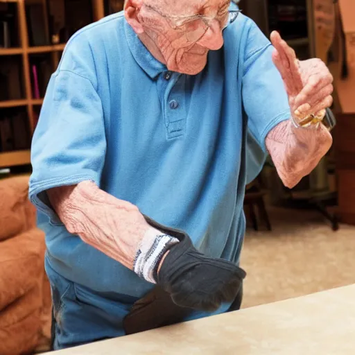 Image similar to an elderly man pogging and dabbing