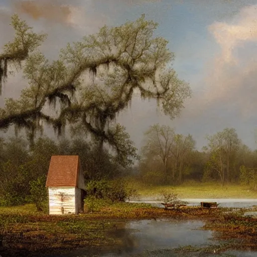 Image similar to 1 9 e century southern gothic scene, old white wooden church in bayou swamps, in louisiana, old painting style lagerstedt, mikko