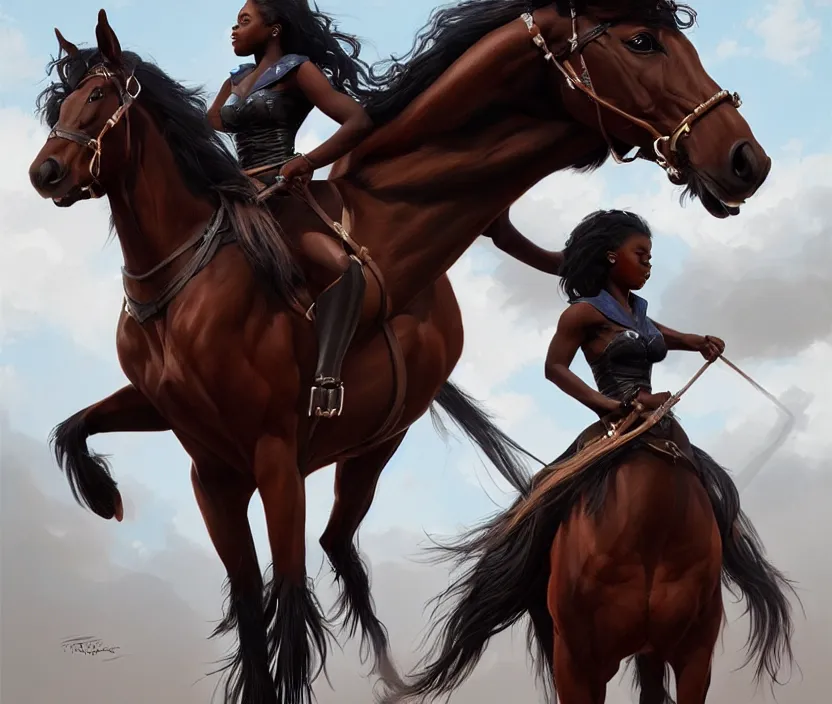 Image similar to full body portrait of beautiful black woman on horseback, beautiful clydesdale, highly detailed, digital painting, artstation, concept art, smooth, sharp focus, illustration, face by wlop, illustrated by mars ravelo and greg rutkowski