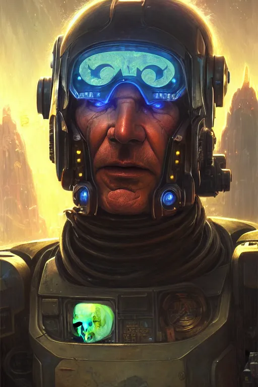 Prompt: character portrait closeup harrison ford cyberpunk starcraft terran warhammer 4 0 k space marine, character design, painting by gaston bussiere, dan mumford, moebius, katsuya terada, frank frazetta, tom of finland, trending on artstation