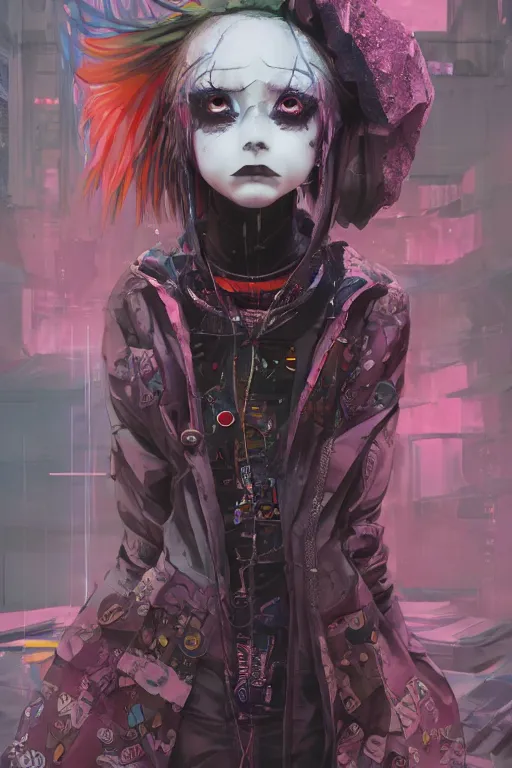 Image similar to by kyoto animation, very creepy clown girl, wearing cyberpunk intricate streetwear, beautiful, detailed portrait, intricate complexity, ilya kuvshinov, cell shaded, 4 k, concept art, by wlop, ilya kuvshinov, artgerm, krenz cushart, greg rutkowski, sharp focus, volumetric lighting, cinematic lighting, studio quality