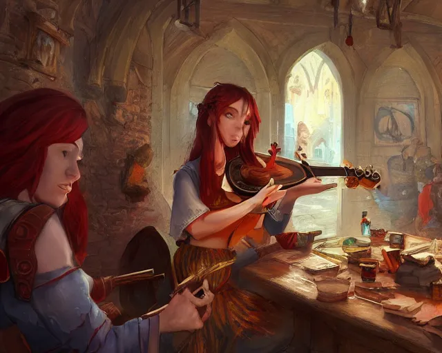 Prompt: a young red head woman bard playing a lute in a full tavern, color dnd illustration, in the style of Marc Simonetti and James Gurney, trending on artstation, wide angle, cinematic lightning