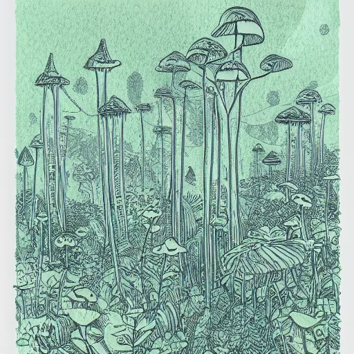 Prompt: grainy risograph matte painting of a lot of jungle flowers and plants + poison toxic mushrooms surrounded by cables + long grass + broken droid + garden dwarf + mystic fog, line drawing, no - shadow