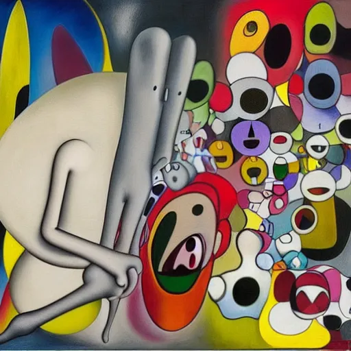 Image similar to Oil painting by Roberto Matta. Strange mechanical beings kissing. Portrait by Takashi Murakami. Yves Tanguy.