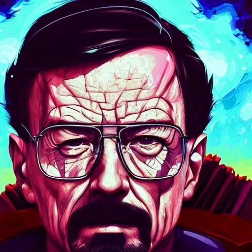 Image similar to high quality illustration, walter white realistic portrait, cyberpunk colors, riot game, alexandre bourlet, vaporwave, retro, neotrad, lois van baarle, moebius, league of legend, digital painting, james jean