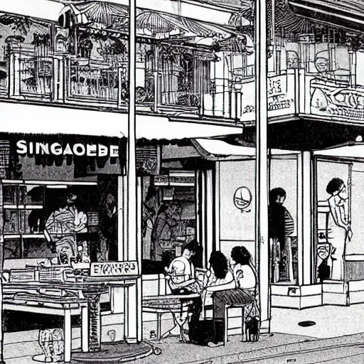 Image similar to a singaporean coffeeshop, by moebius