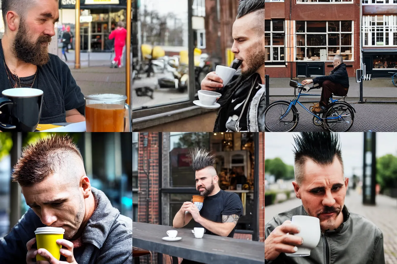 Prompt: A man with a mohawk drinking a coffee in the Netherlands