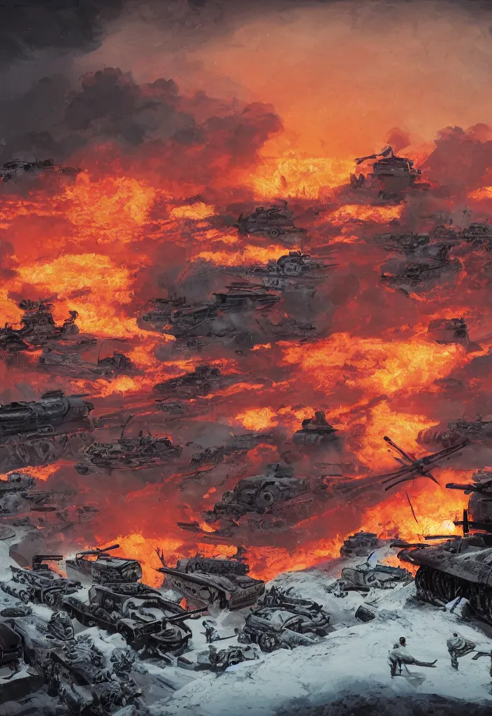 Image similar to handmade illustration of an epic World War II war scene in the winter with nazi and soviet tanks, some smoke and fire, blue sky with dramatic clouds, line art, ballpoint, oil on canvas by Kilian Eng and by Jake Parker, heavy brushstrokes, winning-award masterpiece, fantastic, octane render, 8K HD Resolution, High quality image