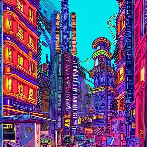 Image similar to neon cyberpunk city street in the style of Jean Giraud, Moebius