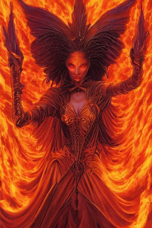 Prompt: beautiful powerful symmetrical gothic goddess of fire stands in a vortex of fire, matte fantasy painting, dynamic gel lighting, by Brom