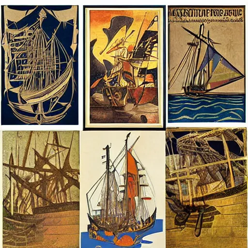 Prompt: a very chaotic naval battle, pirate and medieval ship, colored woodcut, poster art, by Mackintosh, art noveau, by Ernst Haeckel, by Tamara de Lempicka