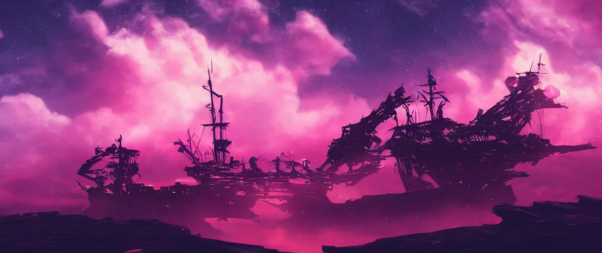 Prompt: space, portrait big dark punk, illustration, punk mohawk, stars, pink, neon, oil painting, rich deep colors masterpiece, pirate neon ship, ultra detailed, contrast, heaven pink, clouds, volumetric light, atmospheric lighting, dramatic, cinematic, moody, octane render 4 k, 8 k