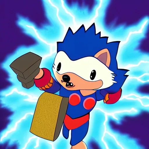 Image similar to the hedgehog thor ~ holding his hammer ~ dramatic thunder background ~ fighting scene ~